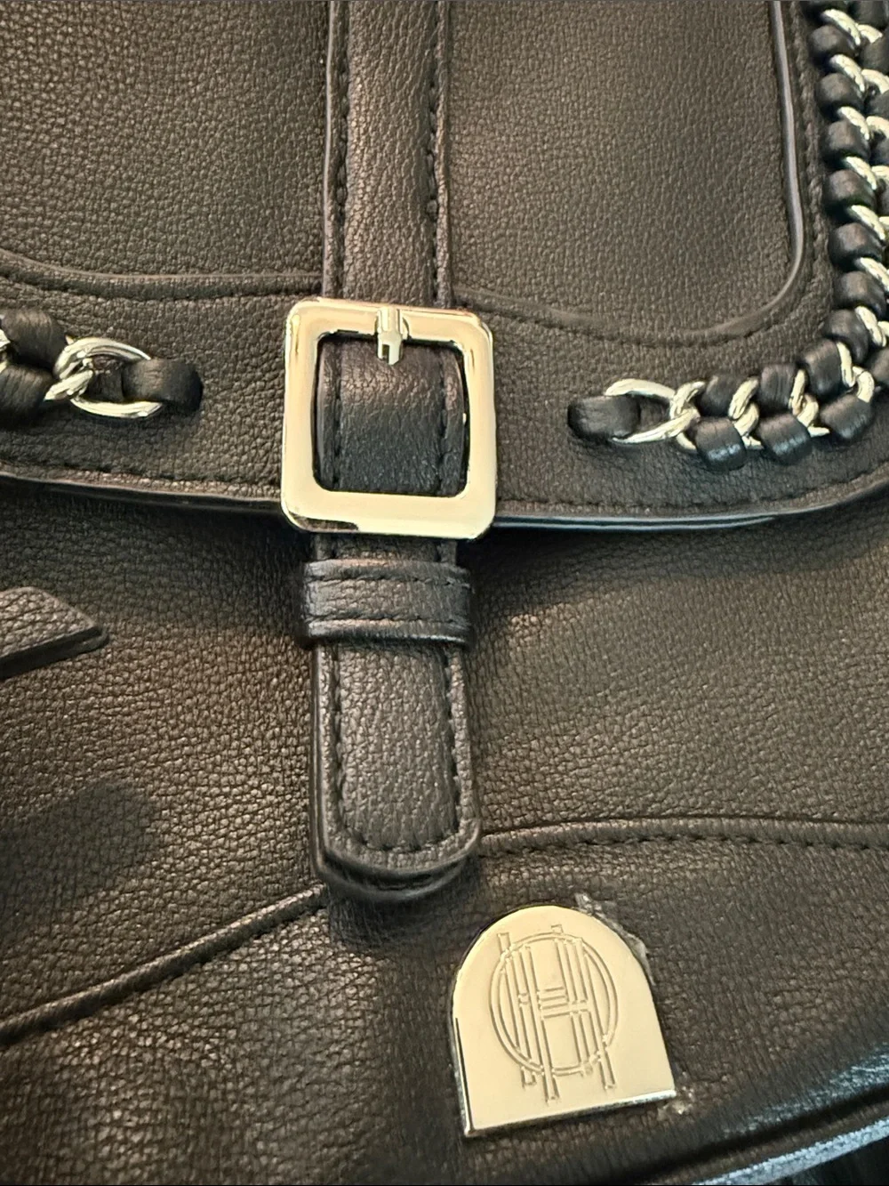 House of Harlow 1960 Black Chain Trim Backpack Faux Leather Buckle